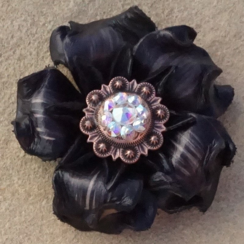 Black Gardenia Leather Flowers - 1" Crystal Conchos - Options