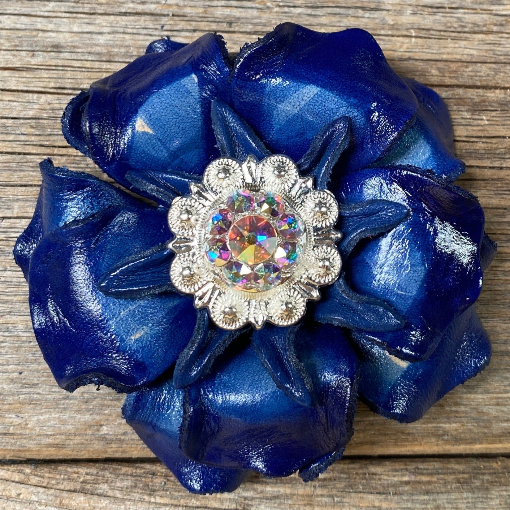 Blue Gardenia Leather Flowers - 1" Crystal Conchos - Options
