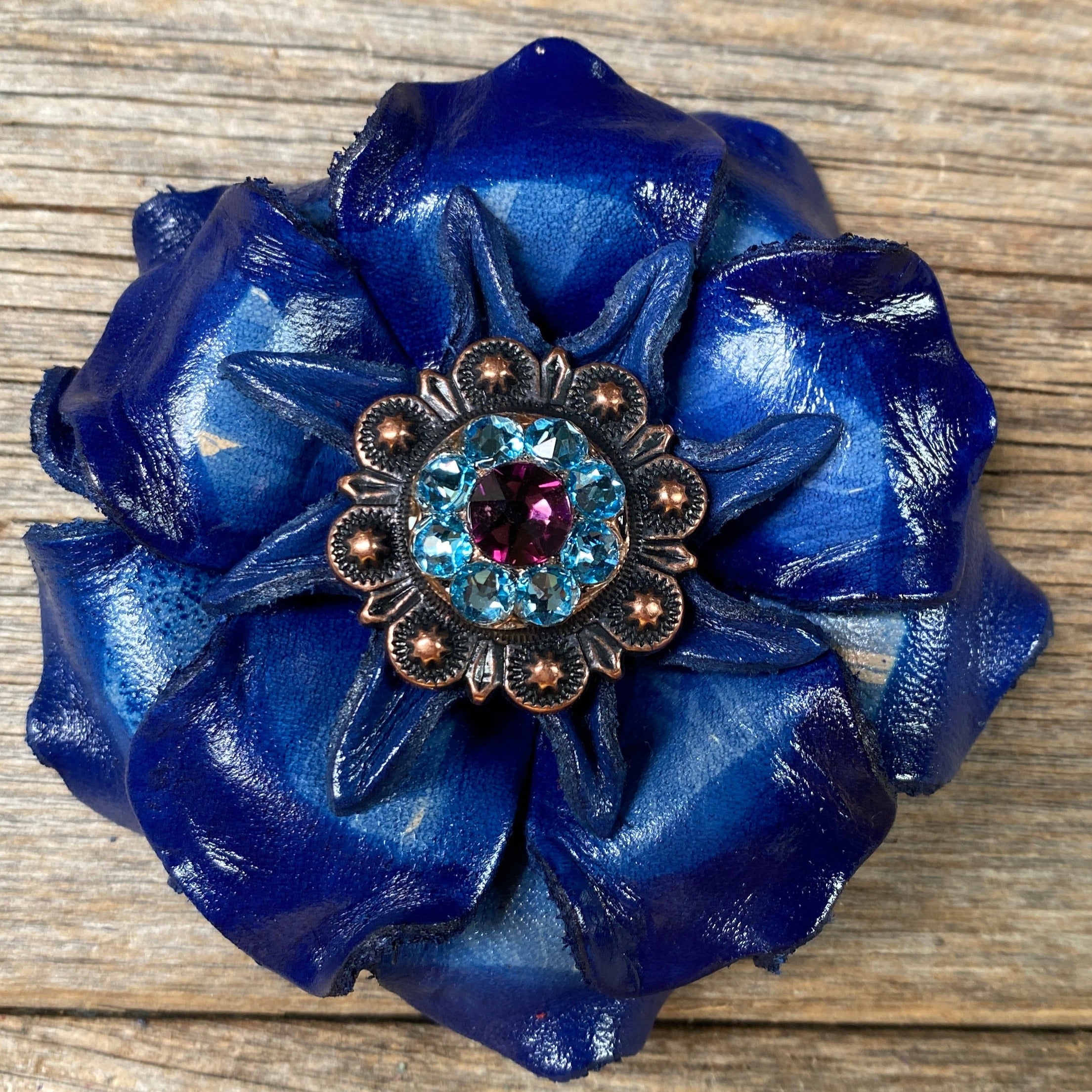 Blue Gardenia Leather Flowers - 1" Crystal Conchos - Options