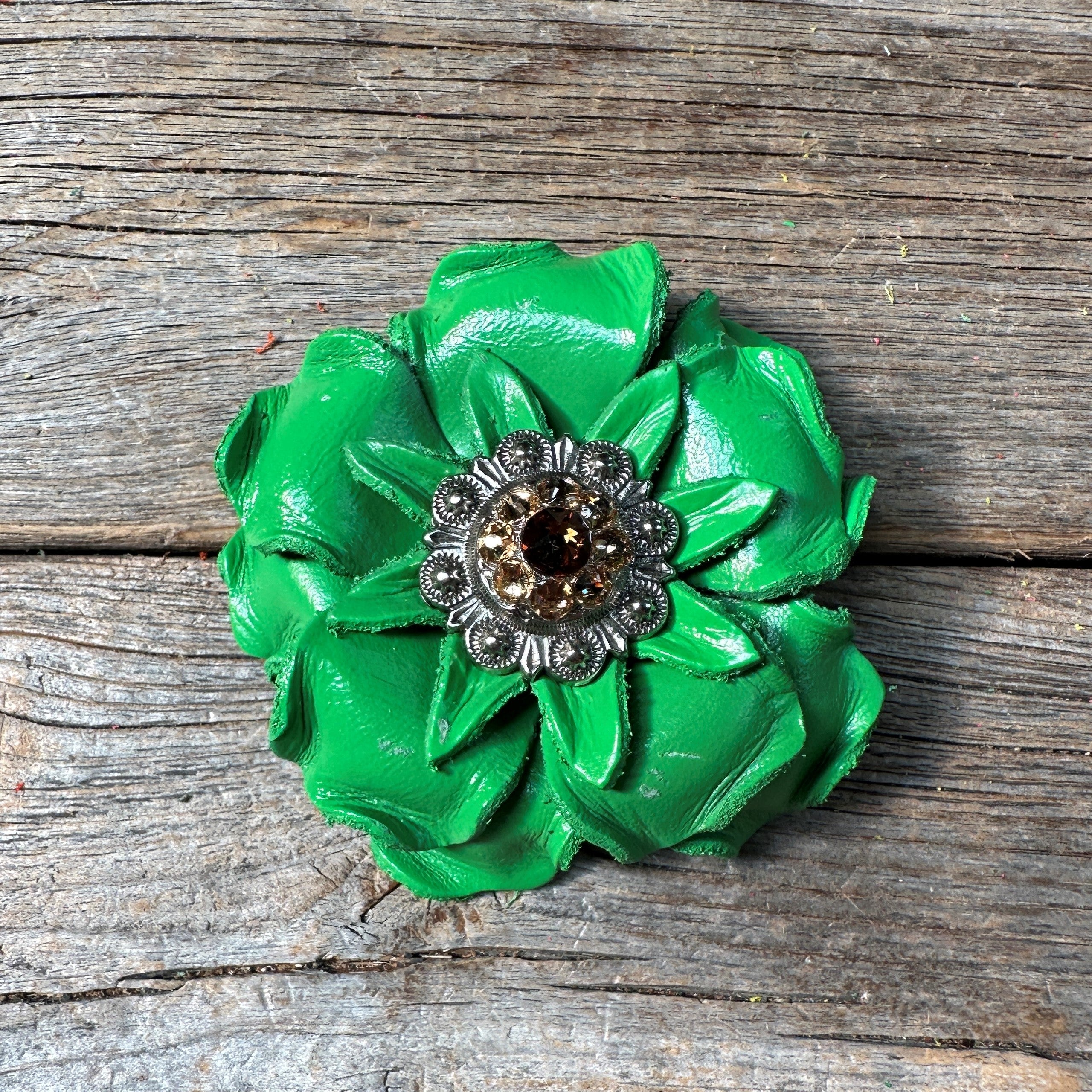 Green Gardenia Leather Flowers - 1" Crystal Conchos - Options