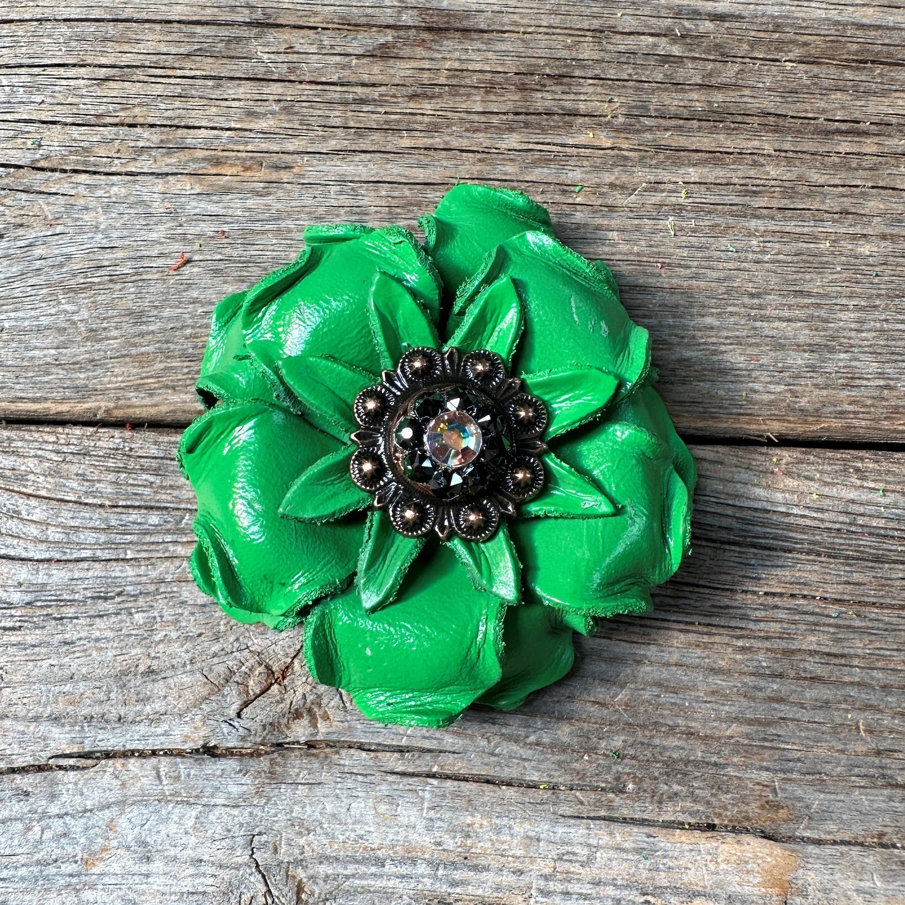 Green Gardenia Leather Flowers - 1" Crystal Conchos - Options