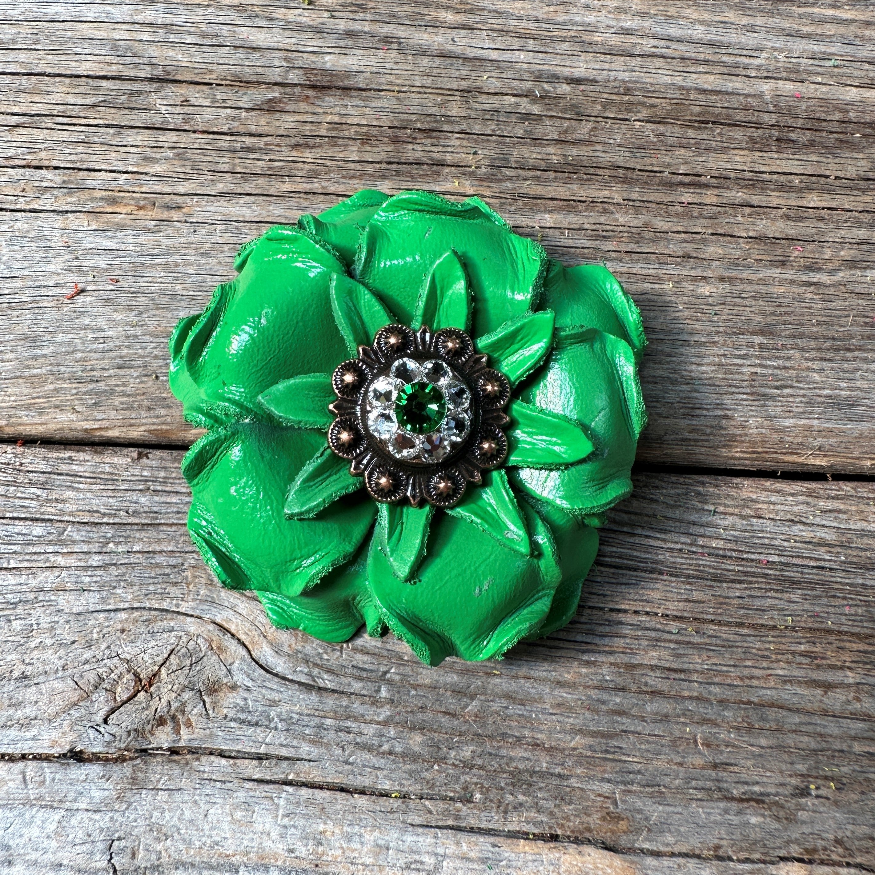 Green Gardenia Leather Flowers - 1" Crystal Conchos - Options