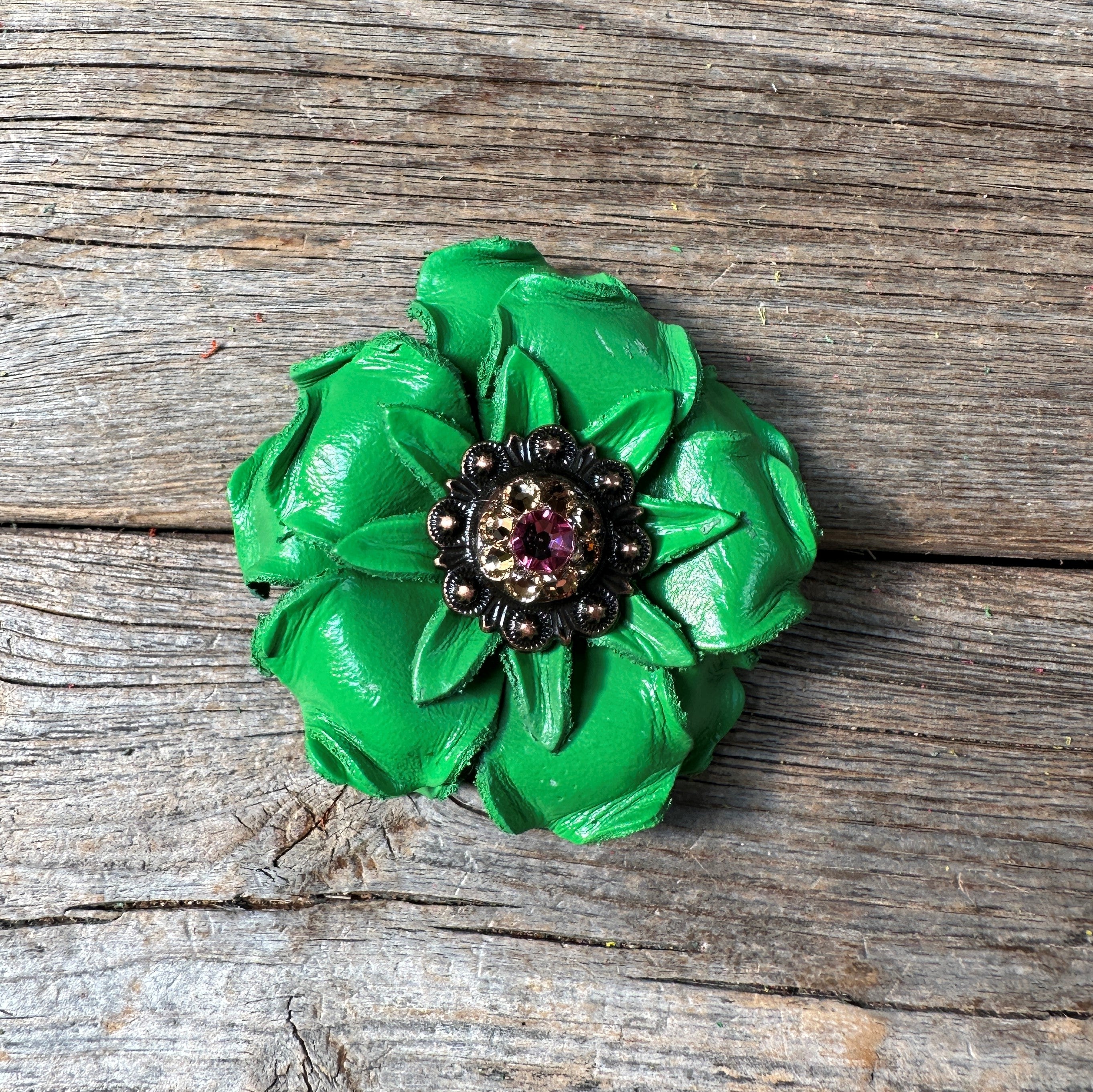 Green Gardenia Leather Flowers - 1" Crystal Conchos - Options