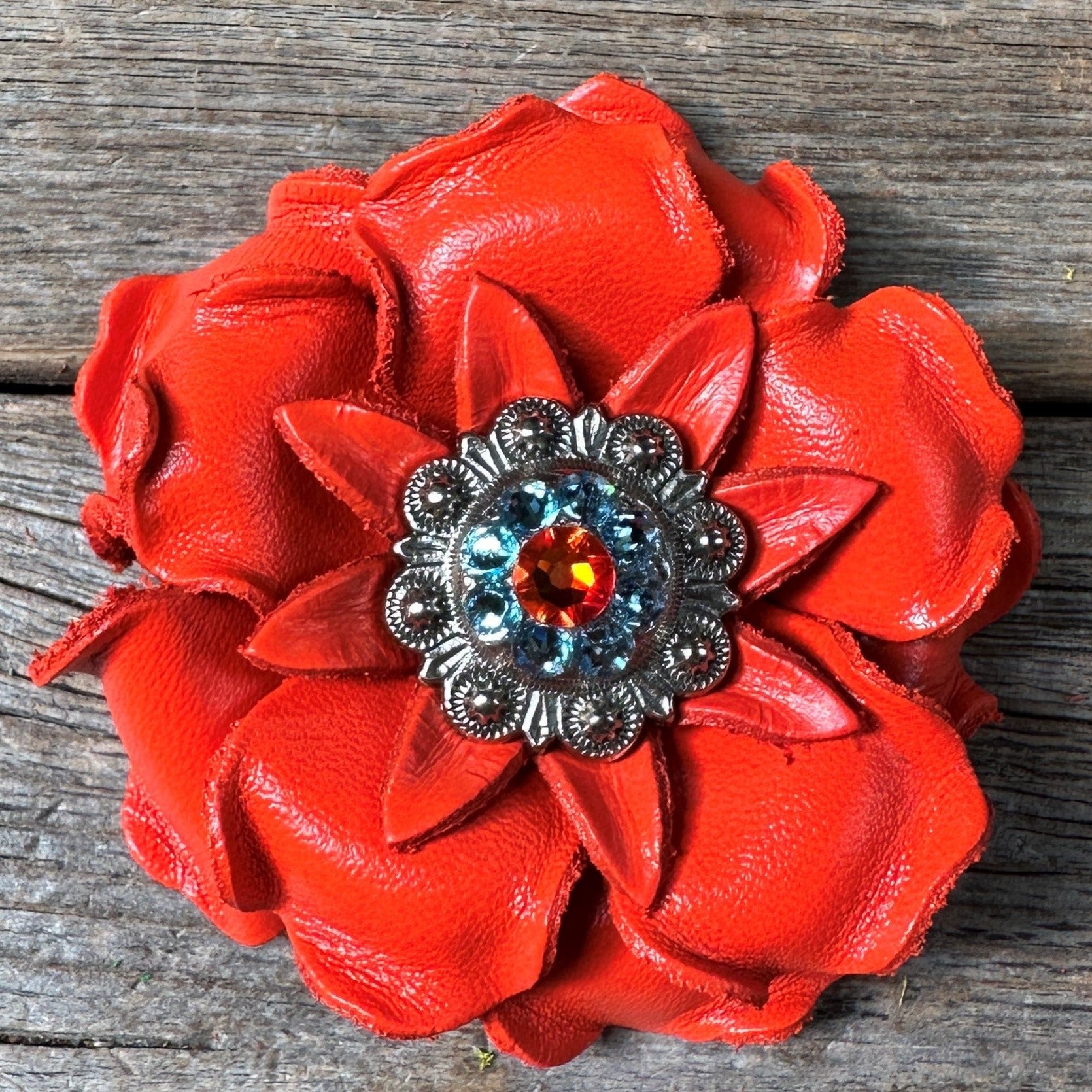 Bright Orange Gardenia Leather Flowers - 1" Crystal Conchos - Options