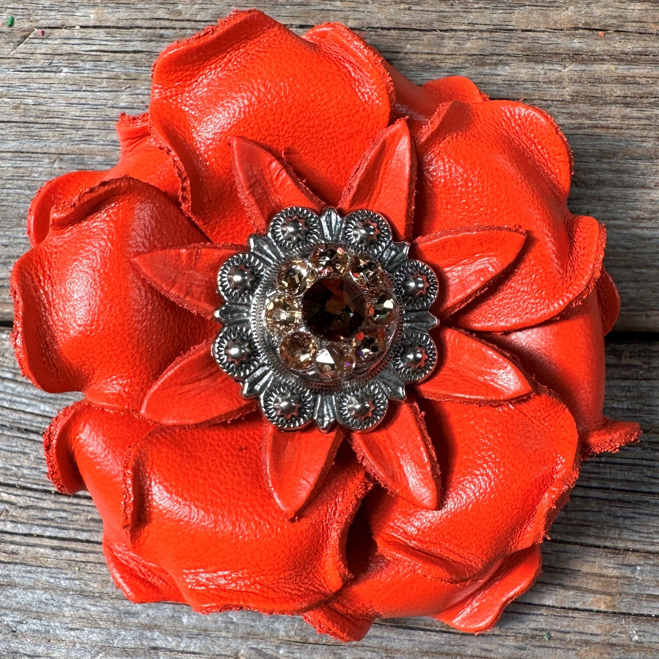 Bright Orange Gardenia Leather Flowers - 1" Crystal Conchos - Options