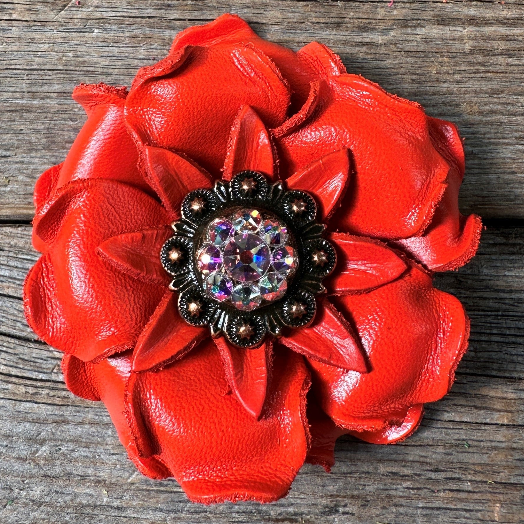 Bright Orange Gardenia Leather Flowers - 1" Crystal Conchos - Options