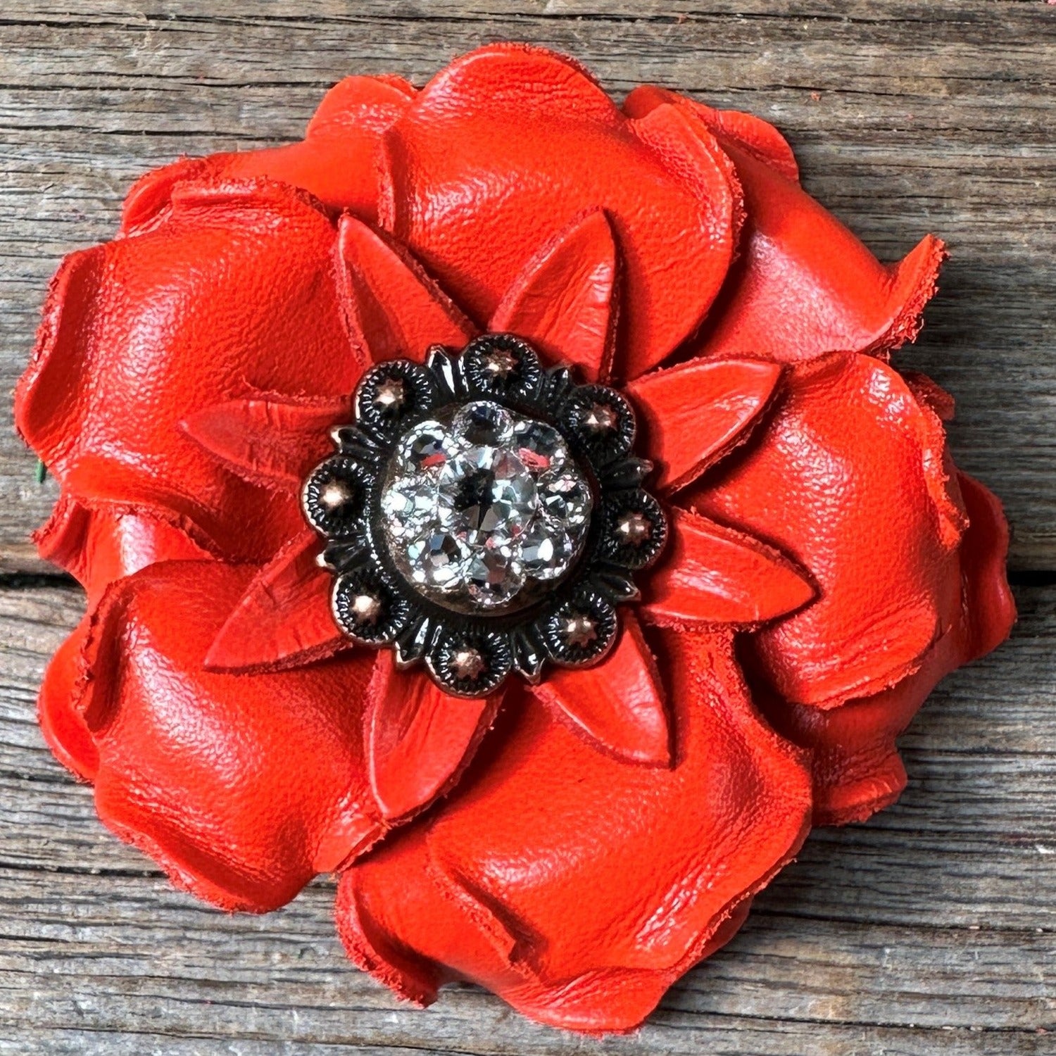 Bright Orange Gardenia Leather Flowers - 1" Crystal Conchos - Options