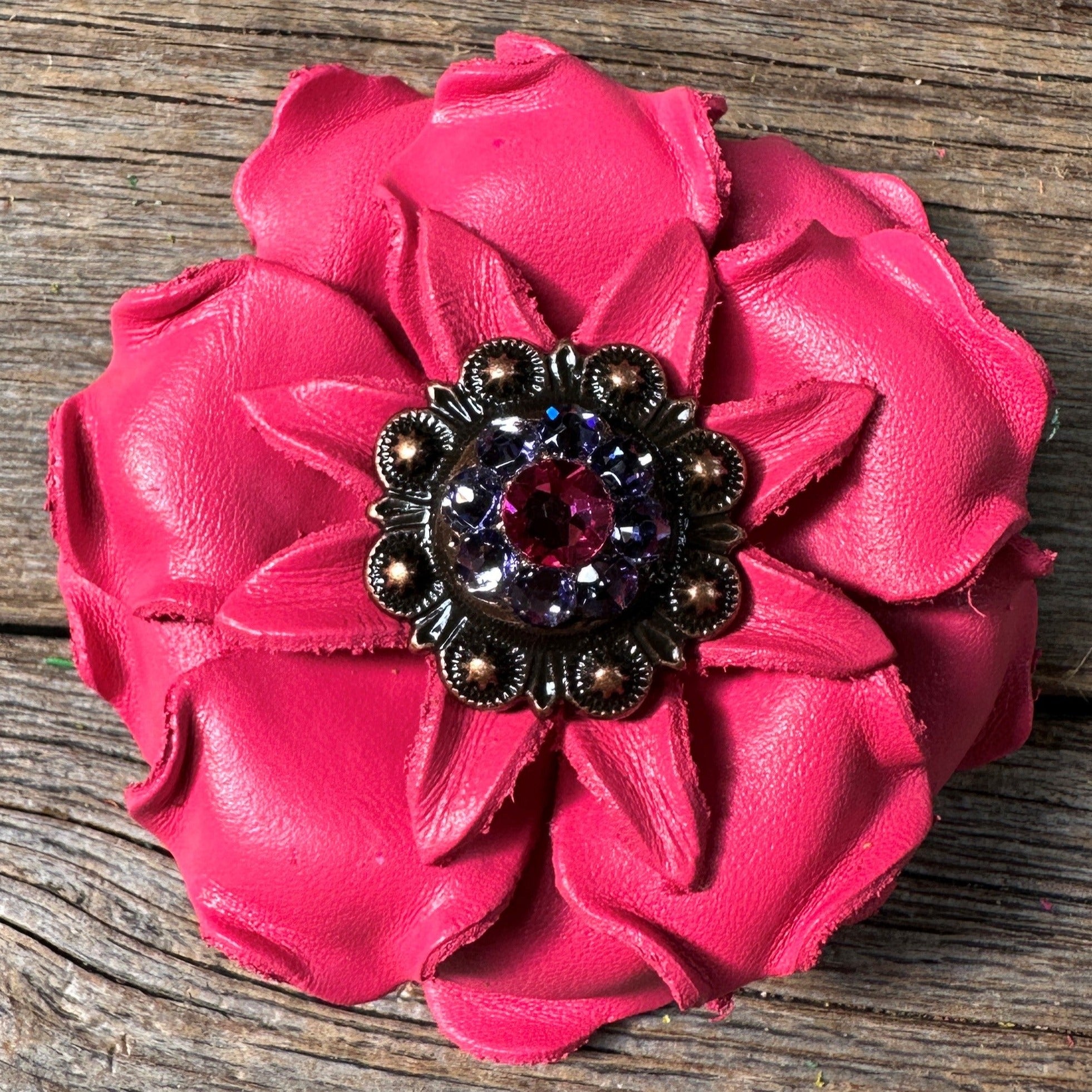 Bright Pink Gardenia Leather Flowers - 1" Crystal Conchos - Options
