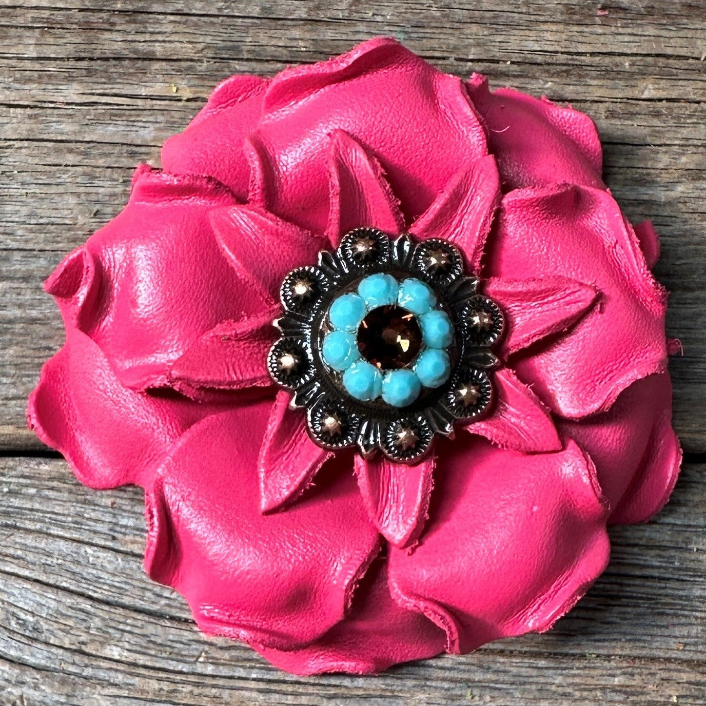 Bright Pink Gardenia Leather Flowers - 1" Crystal Conchos - Options
