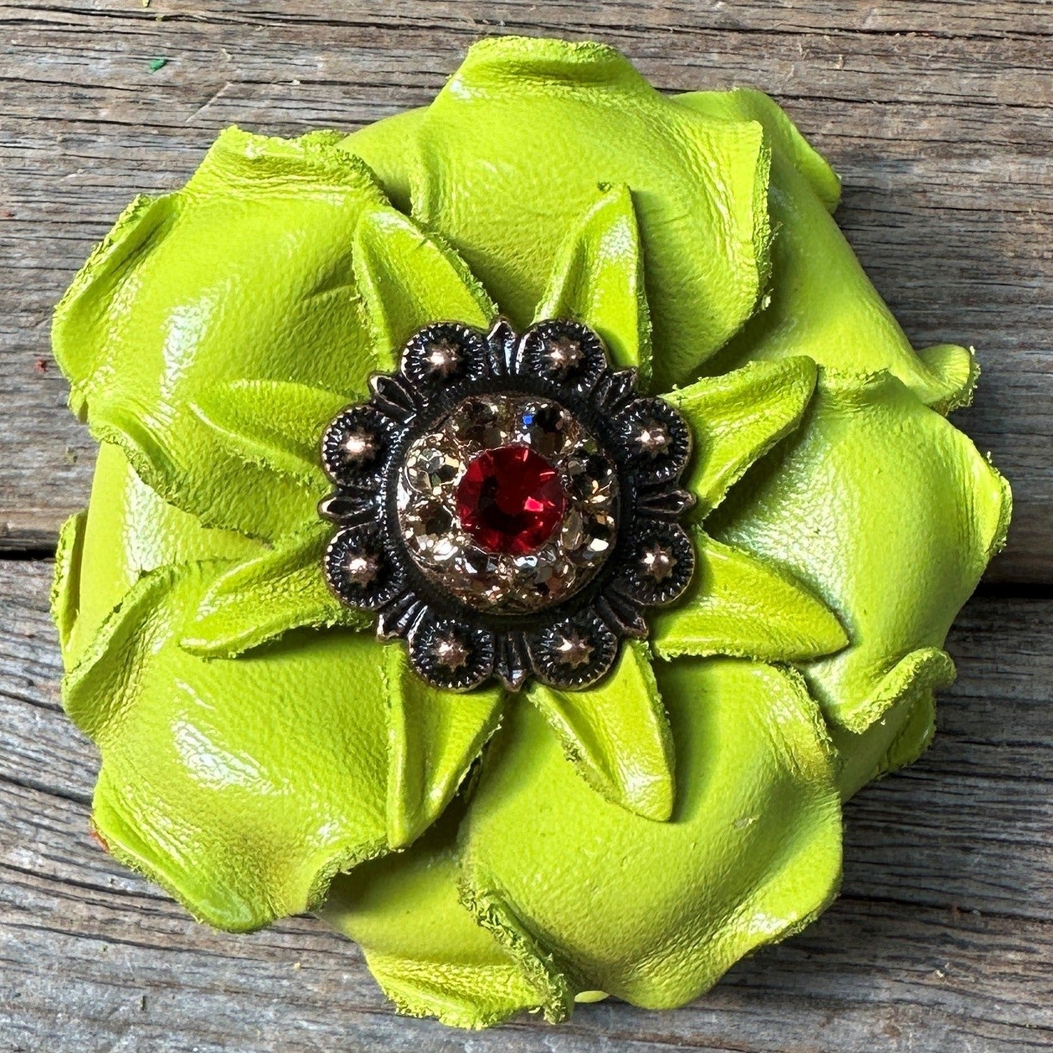 Lime Gardenia Leather Flowers - 1" Crystal Conchos - Options