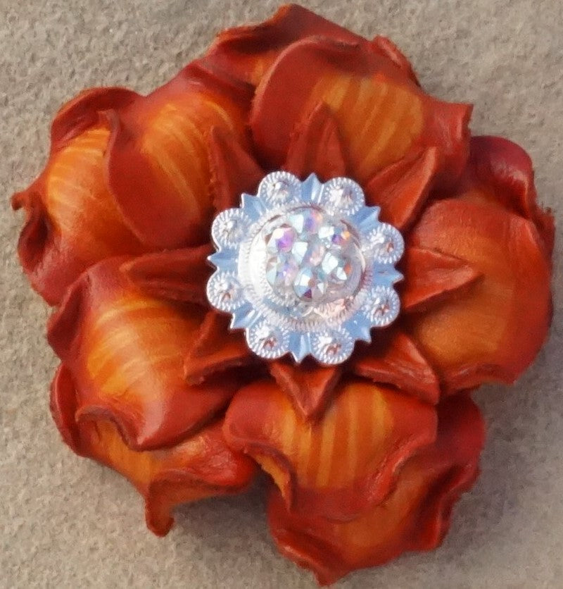 Orange Gardenia Leather Flowers - 1" Crystal Conchos - Options