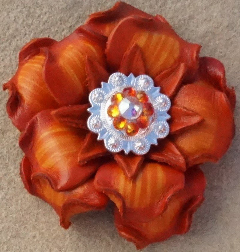 Orange Gardenia Leather Flowers - 1" Crystal Conchos - Options