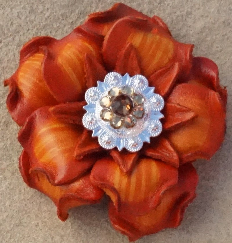 Orange Gardenia Leather Flowers - 1" Crystal Conchos - Options