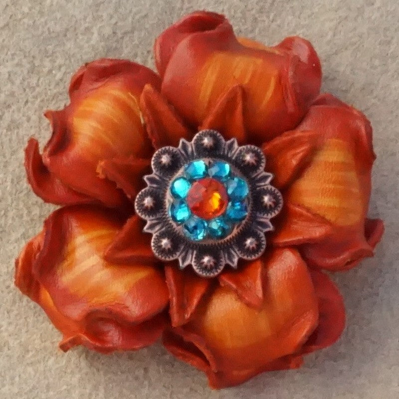 Orange Gardenia Leather Flowers - 1" Crystal Conchos - Options