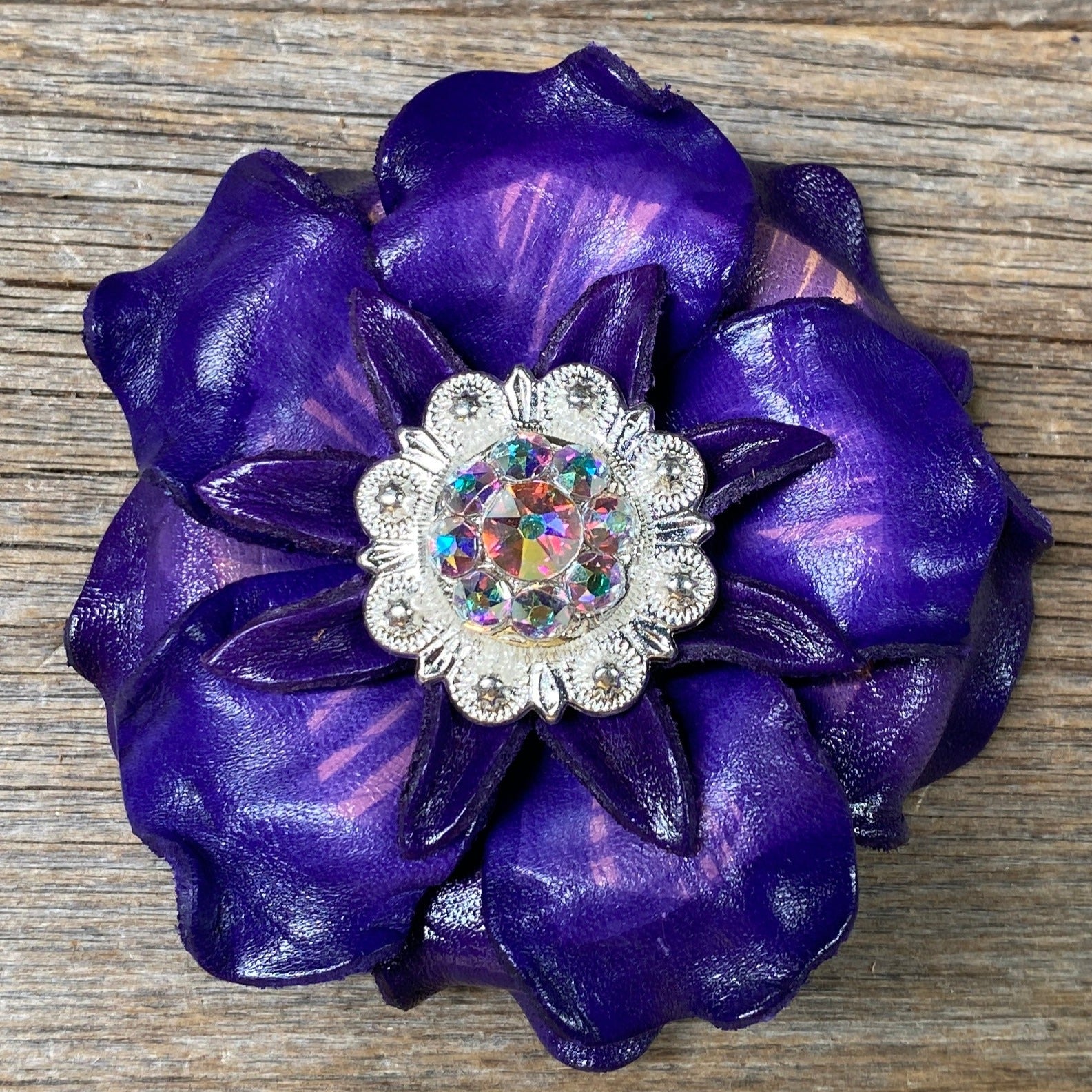 Purple Gardenia Leather Flowers - 1" Crystal Conchos - Options