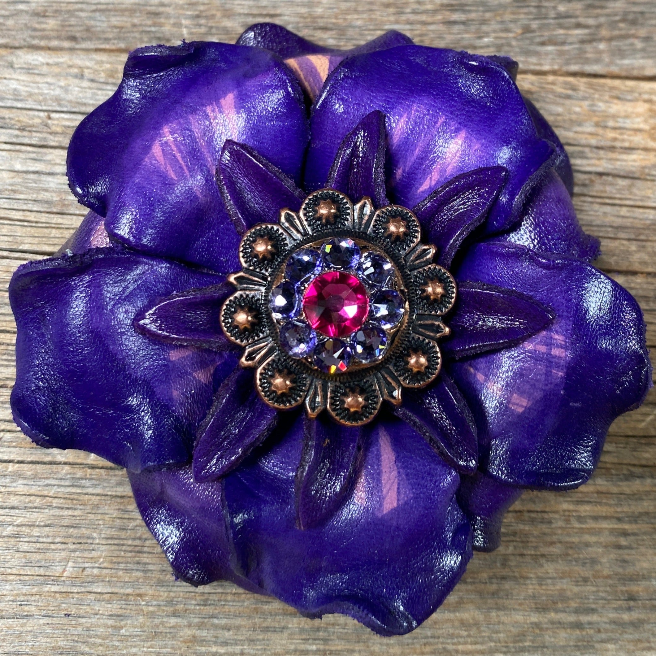 Purple Gardenia Leather Flowers - 1" Crystal Conchos - Options