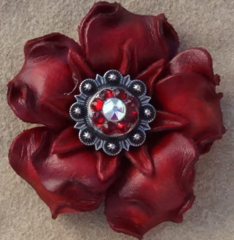 Red Gardenia Leather Flowers - 1" Crystal Conchos - Options