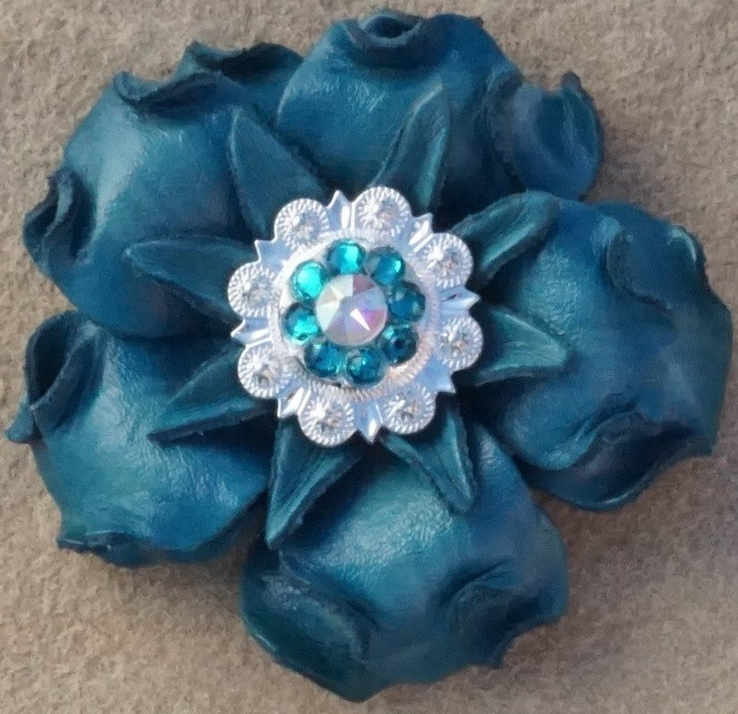 Turquoise Gardenia Leather Flowers - 1" Crystal Conchos - Options