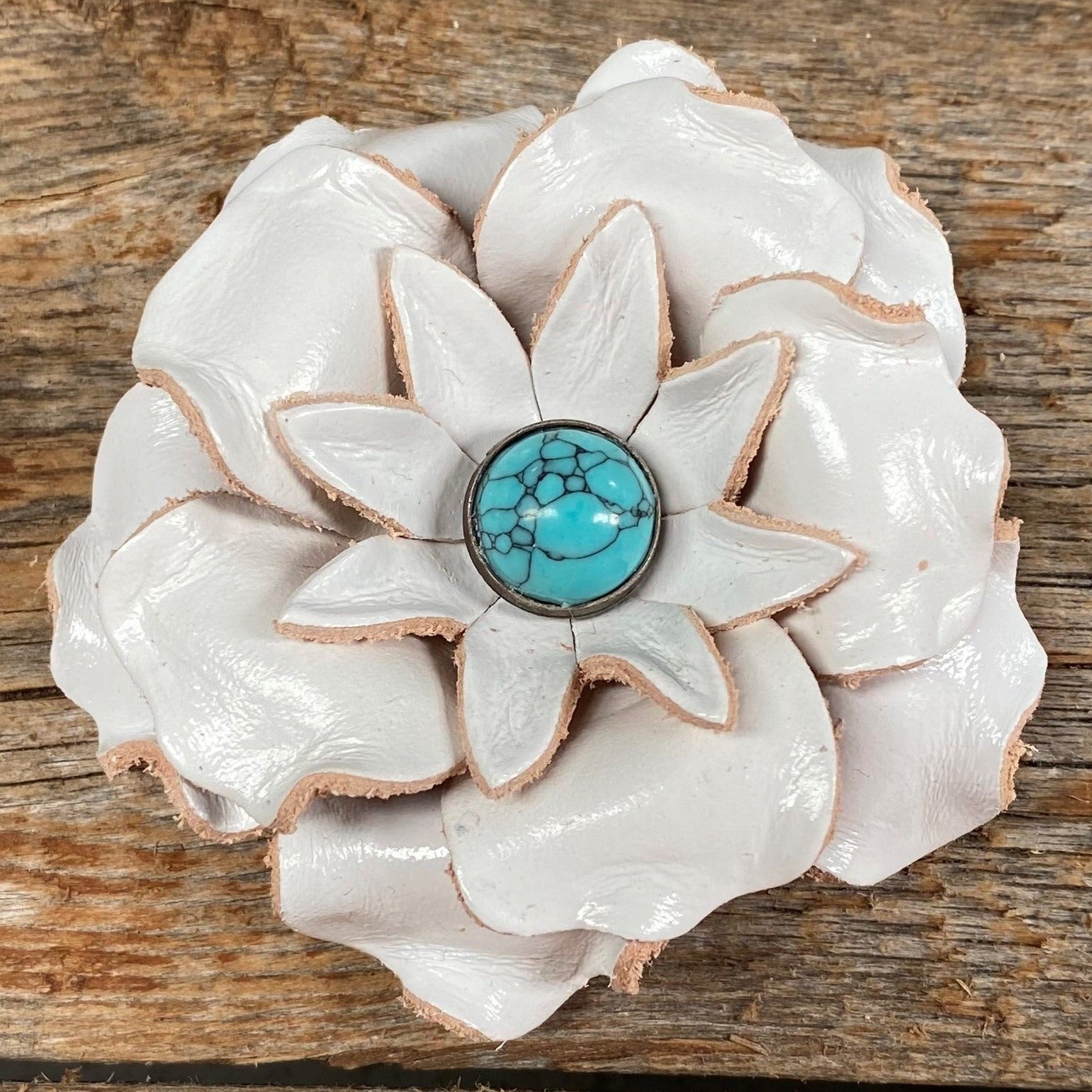 Hand Painted Leather Flowers - Gardenias - Round Turquoise Cabochons