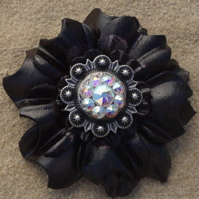 Black Carnations Leather Flowers - 1" Crystal Conchos - Options