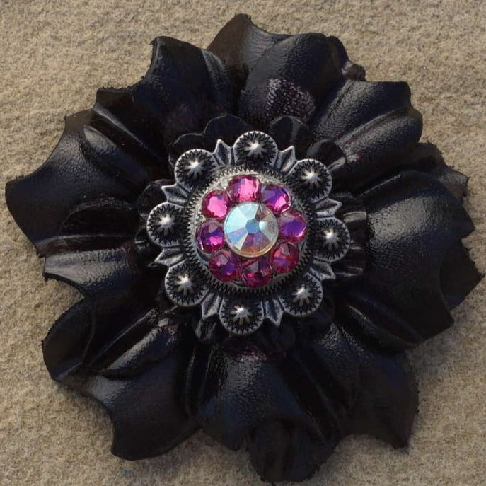 Black Carnations Leather Flowers - 1" Crystal Conchos - Options
