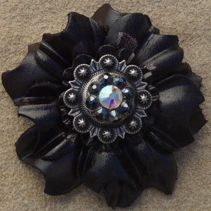 Black Carnations Leather Flowers - 1" Crystal Conchos - Options