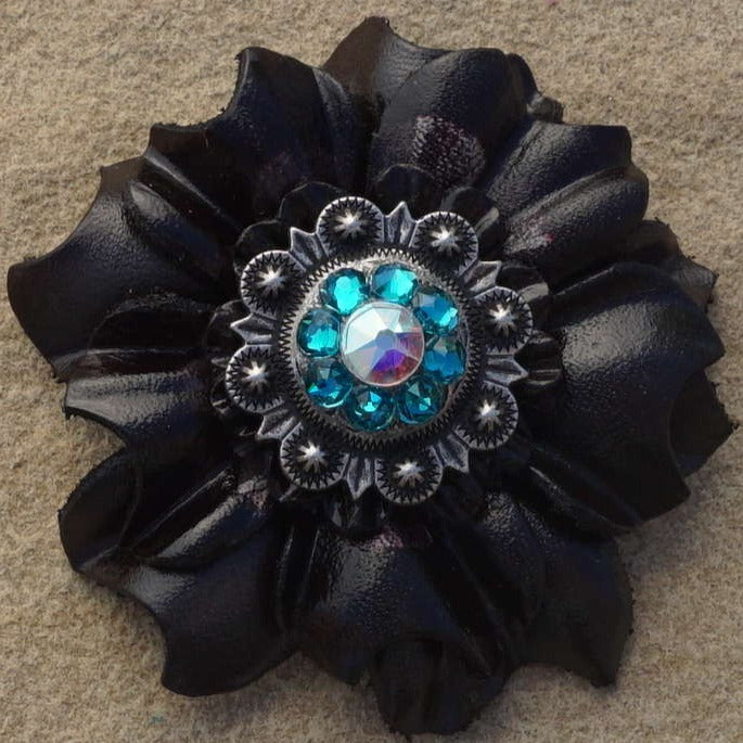 Black Carnations Leather Flowers - 1" Crystal Conchos - Options