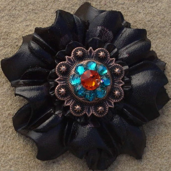 Black Carnations Leather Flowers - 1" Crystal Conchos - Options
