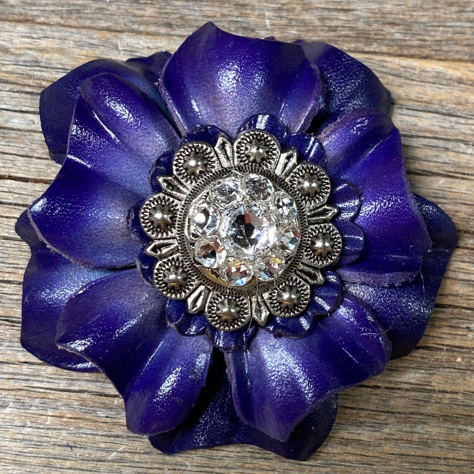 Blue Carnations Leather Flowers - 1" Crystal Conchos - Options