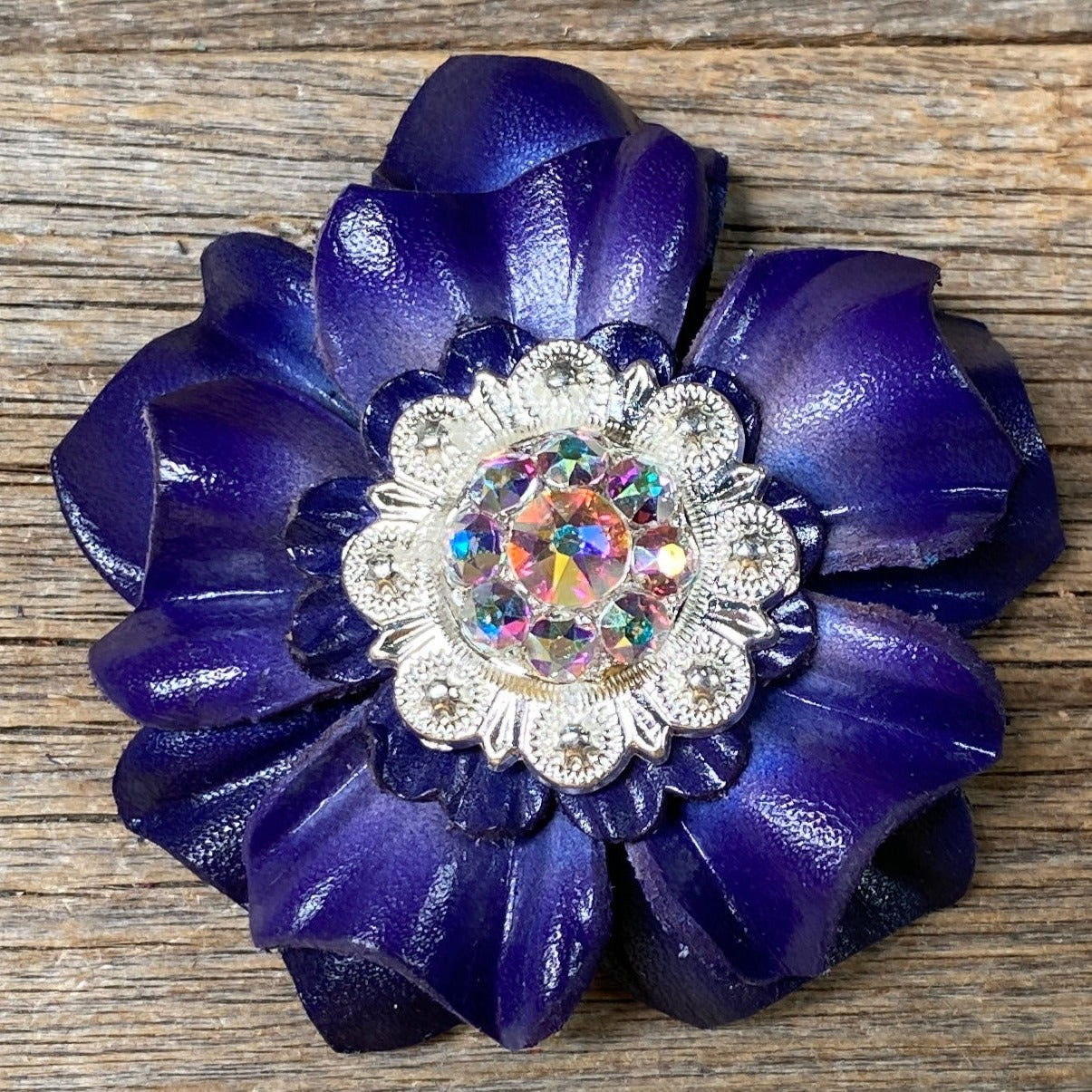 Blue Carnations Leather Flowers - 1" Crystal Conchos - Options