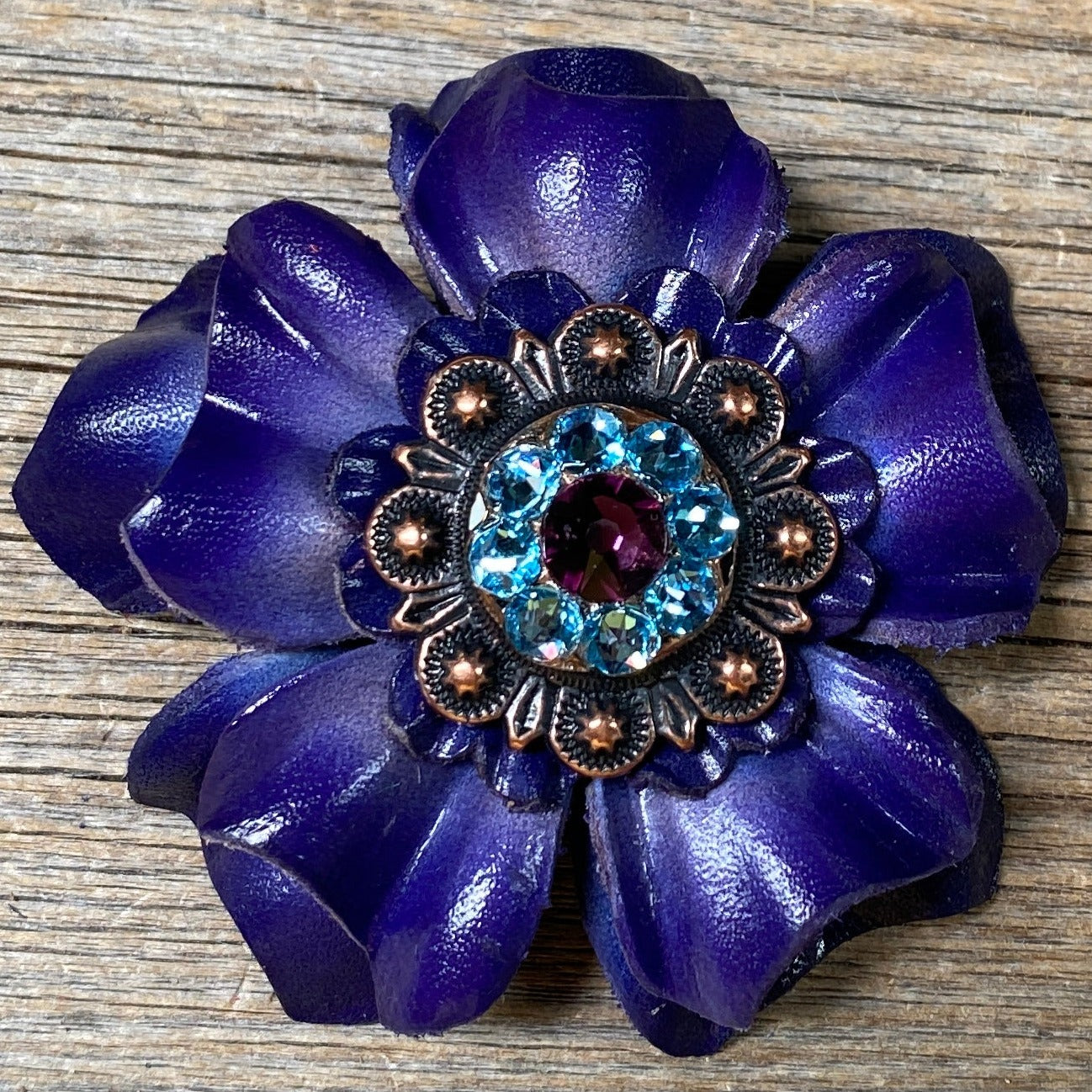 Blue Carnations Leather Flowers - 1" Crystal Conchos - Options