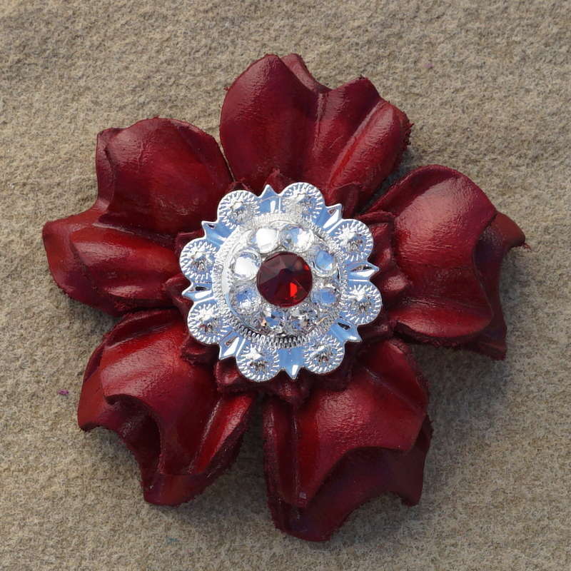 Red Carnations Leather Flowers - 1" Crystal Conchos - Options