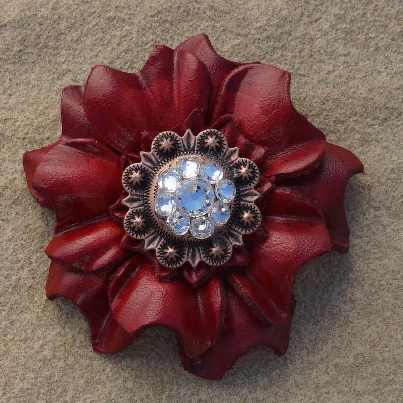Red Carnations Leather Flowers - 1" Crystal Conchos - Options