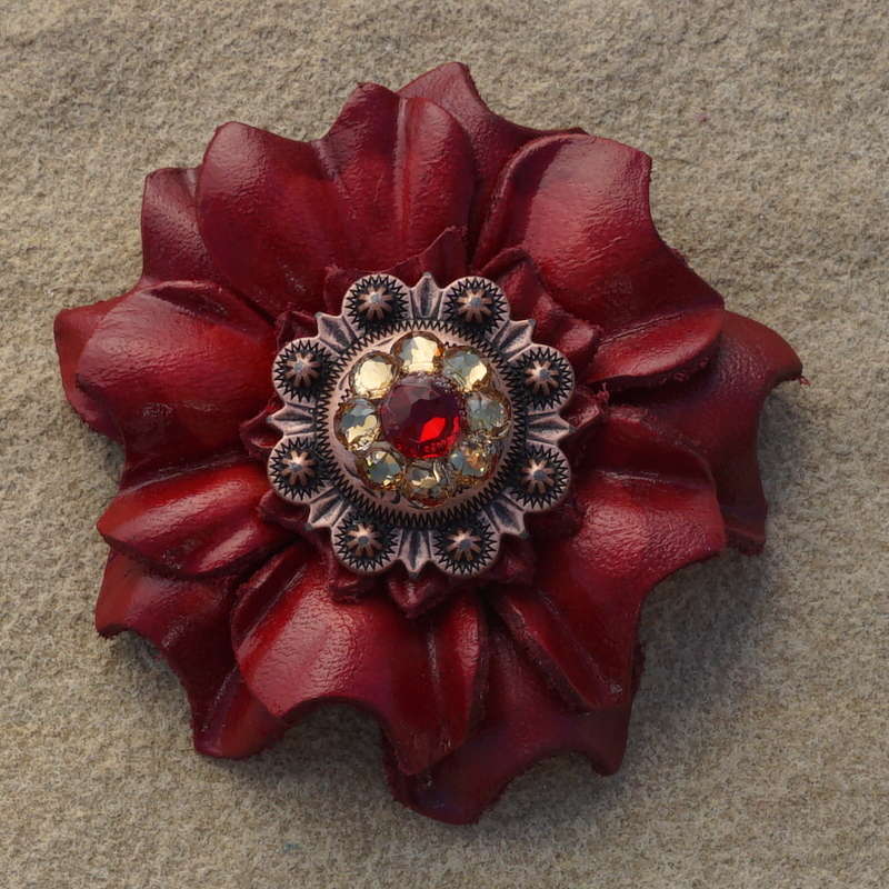 Red Carnations Leather Flowers - 1" Crystal Conchos - Options
