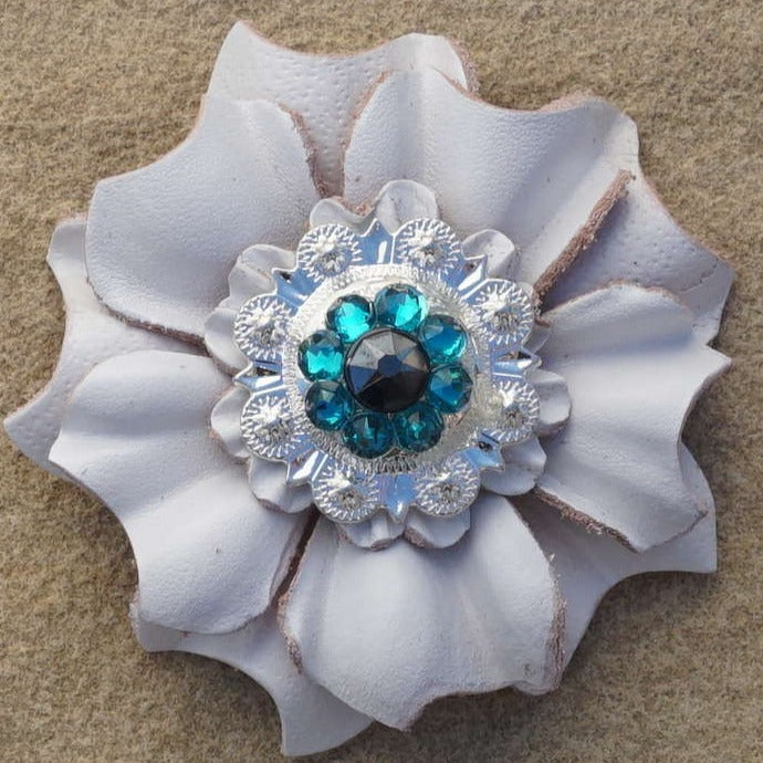 White Carnations Leather Flowers - 1" Crystal Conchos - Options