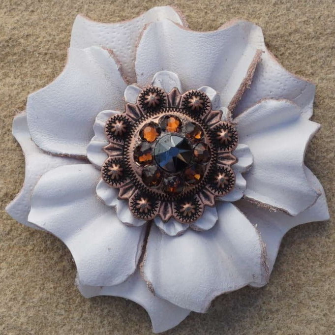 White Carnations Leather Flowers - 1" Crystal Conchos - Options