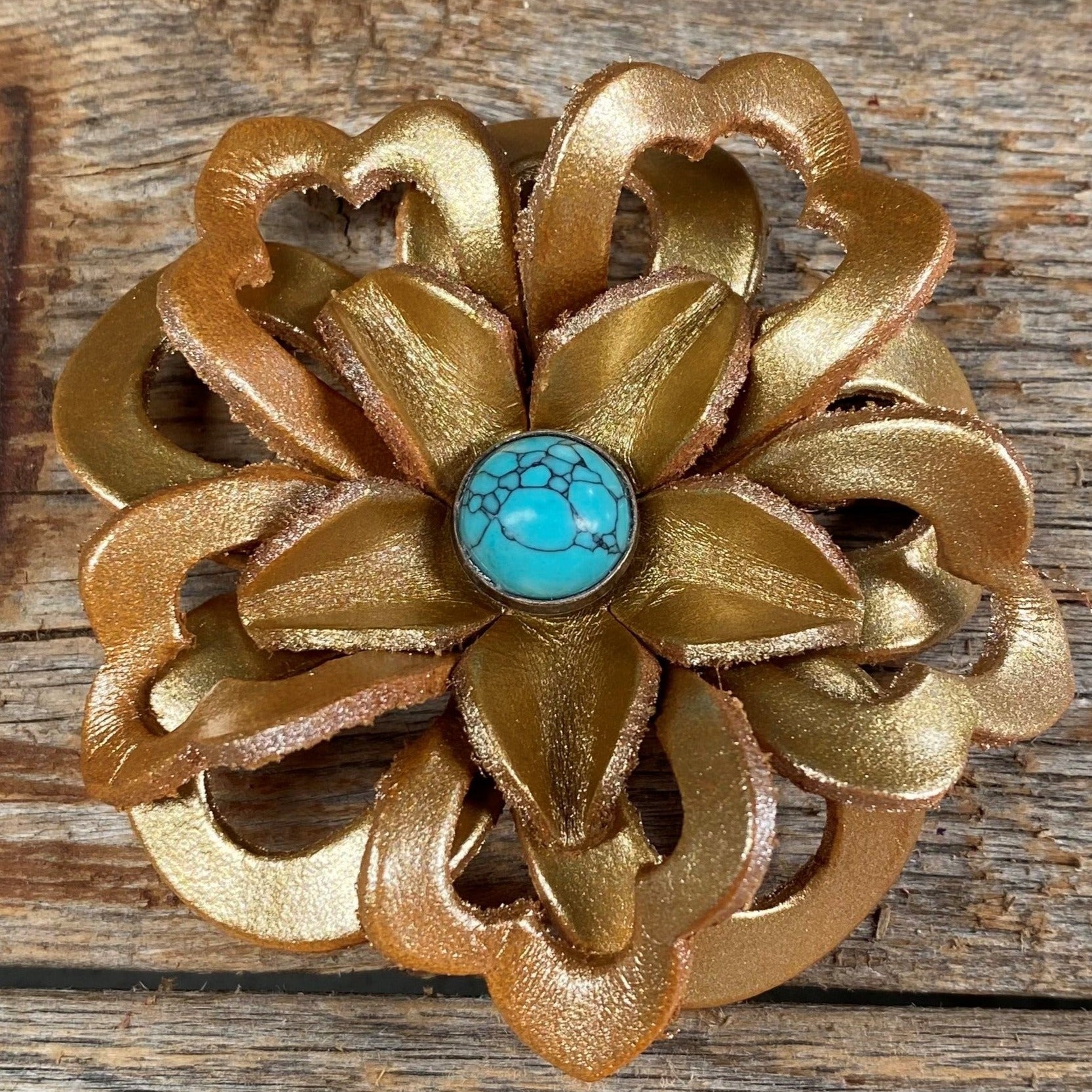 Hand Painted Leather Flowers - Lotus - Round Turquoise Cabochons