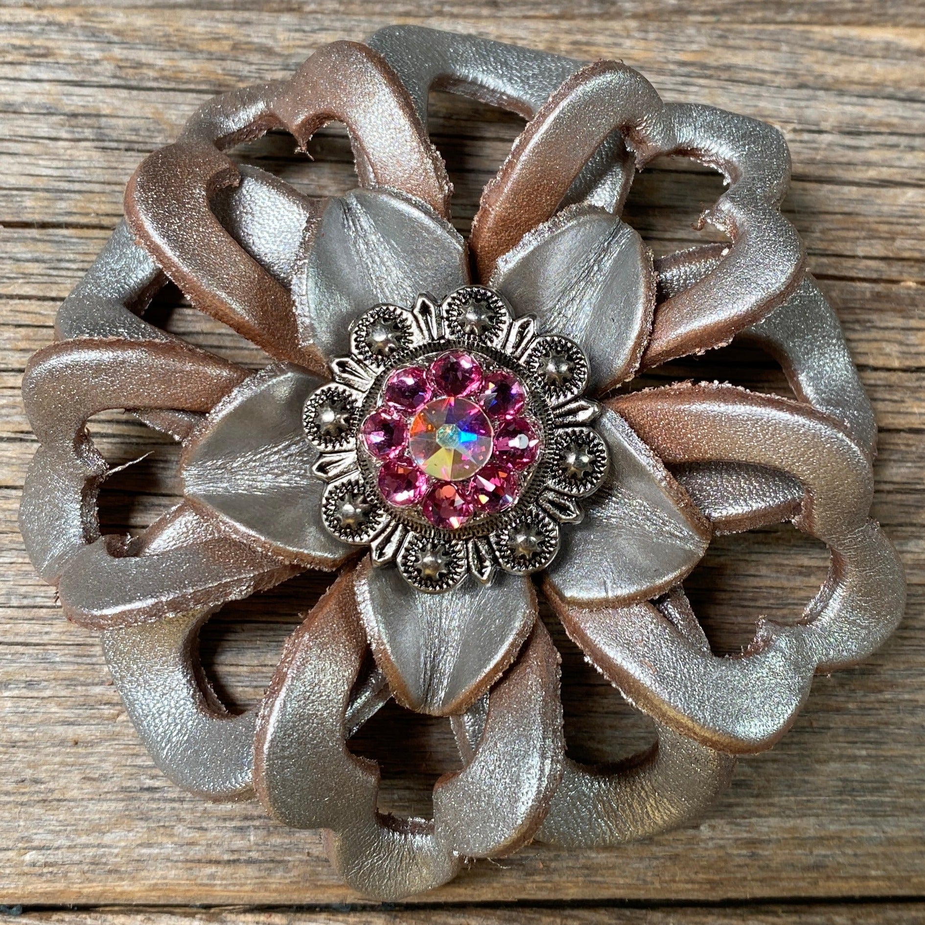 Silver Lotus Leather Flowers - 1" Crystal Conchos - Options