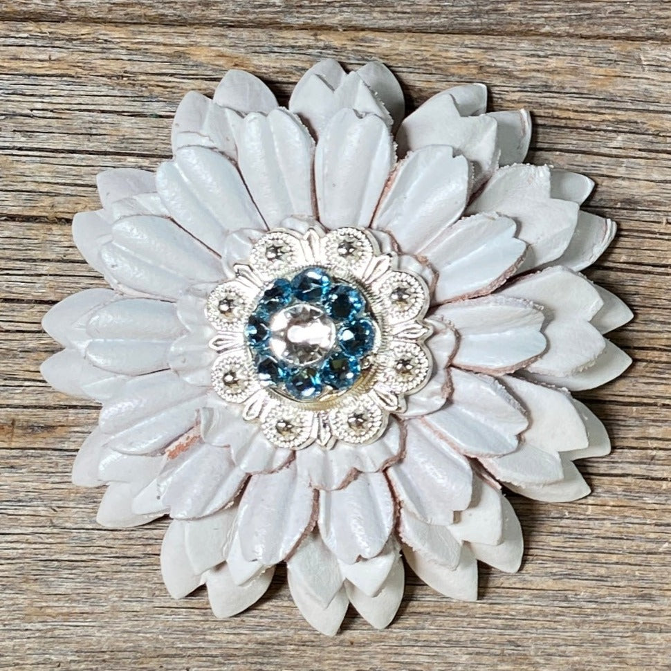 White Daisy Leather Flowers - 1" Crystal Conchos - Options