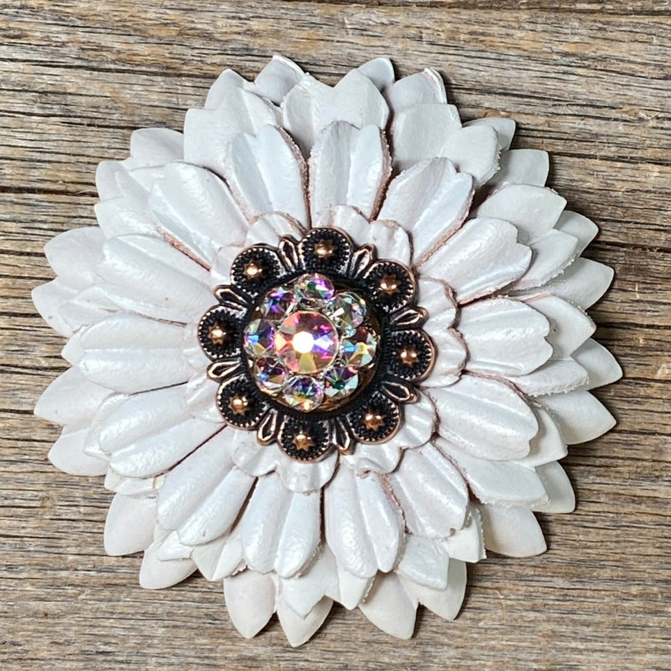 White Daisy Leather Flowers - 1" Crystal Conchos - Options