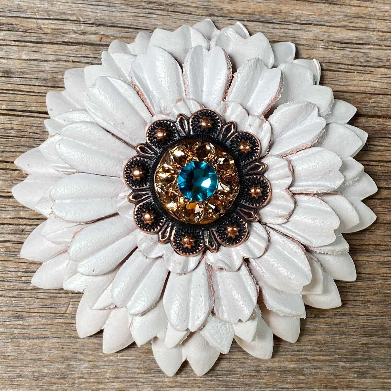 White Daisy Leather Flowers - 1" Crystal Conchos - Options