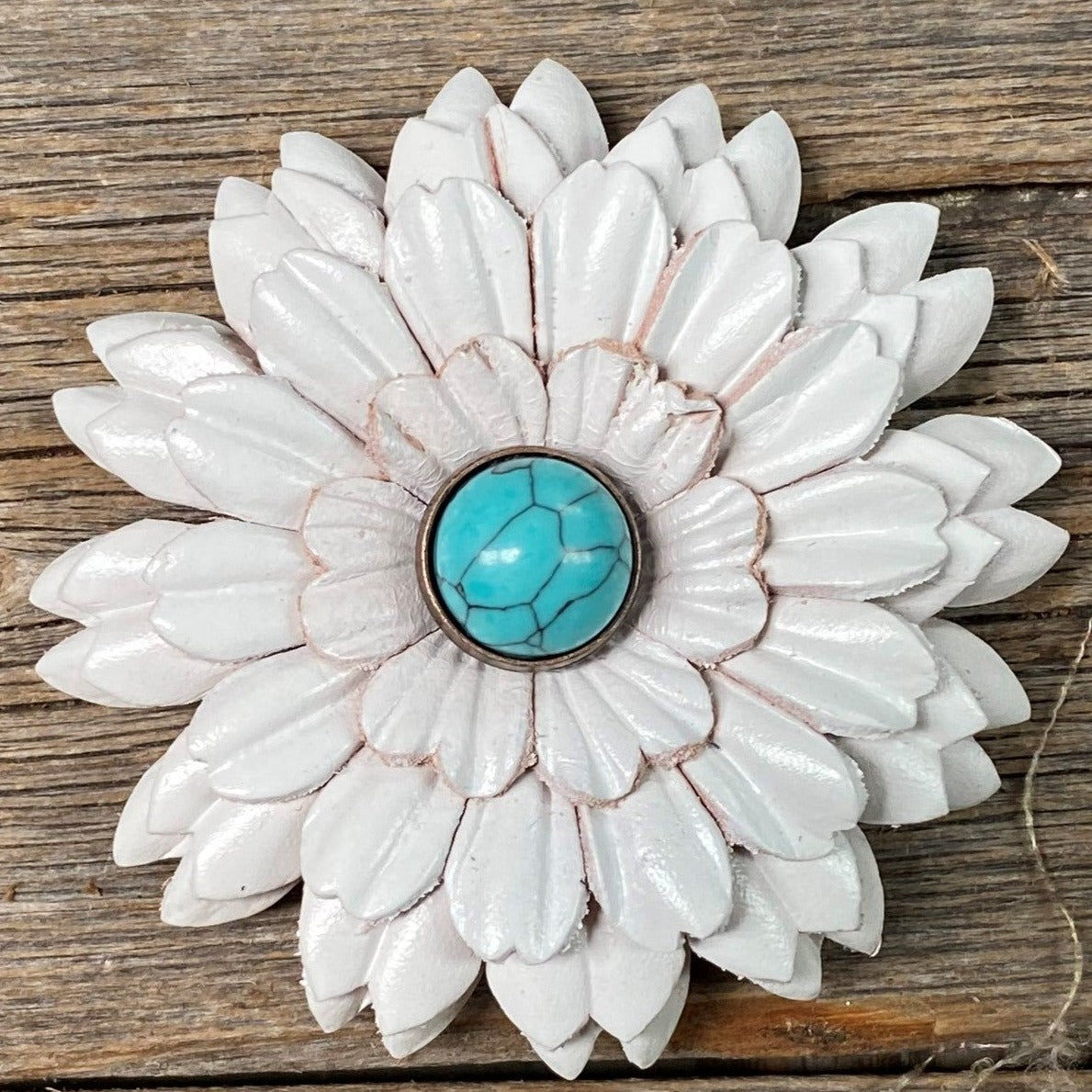 Hand Painted Leather Flowers - Daisies - Round Turquoise Cabochons