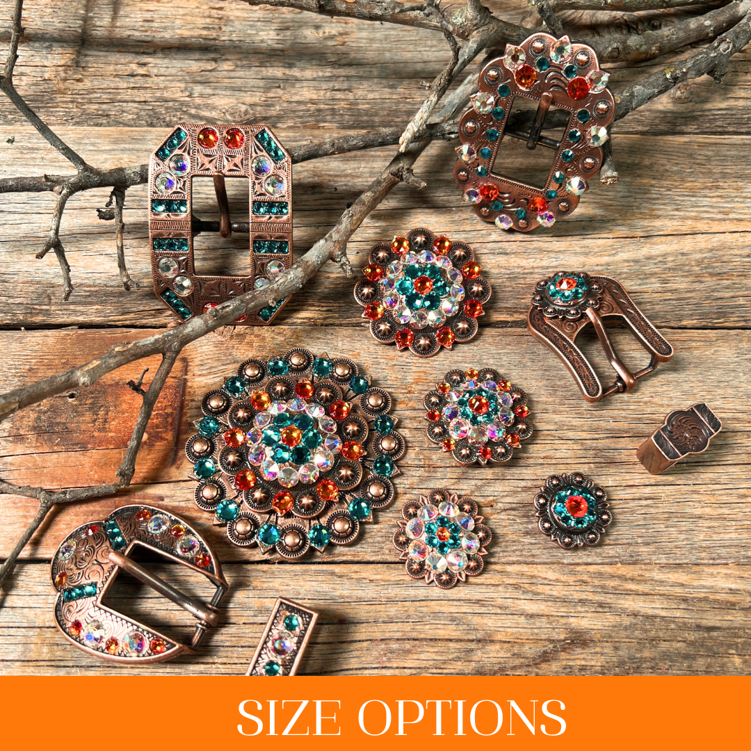 Copper Fire Opal - Teal - AB Crystal Conchos Sizes from 1"-3" and Buckles
