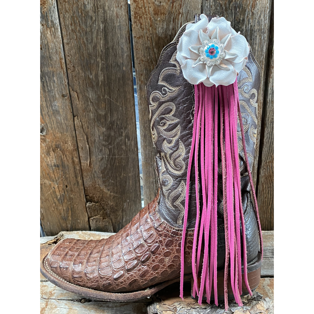 Boot Cuff Jewelry - White Leather Flower - Concho - Fringe