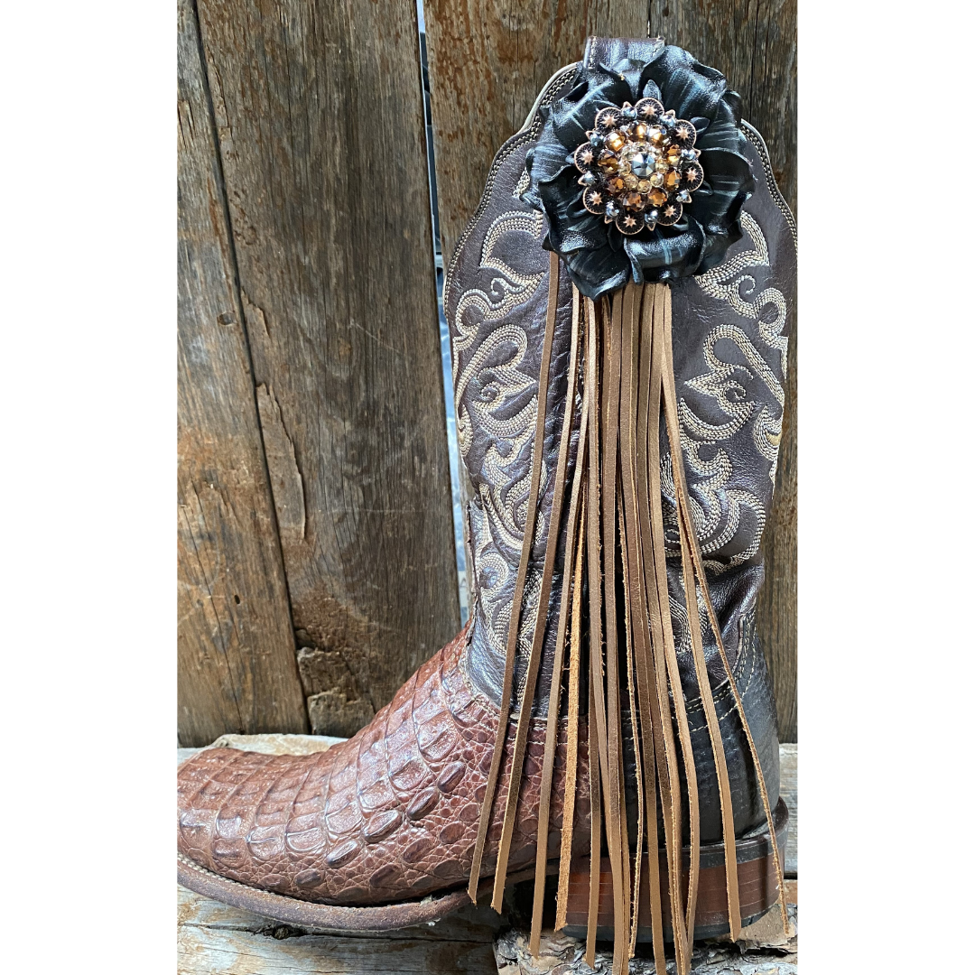 Boot Cuff Jewelry - Black Leather Flower - Copper Concho - Fringe