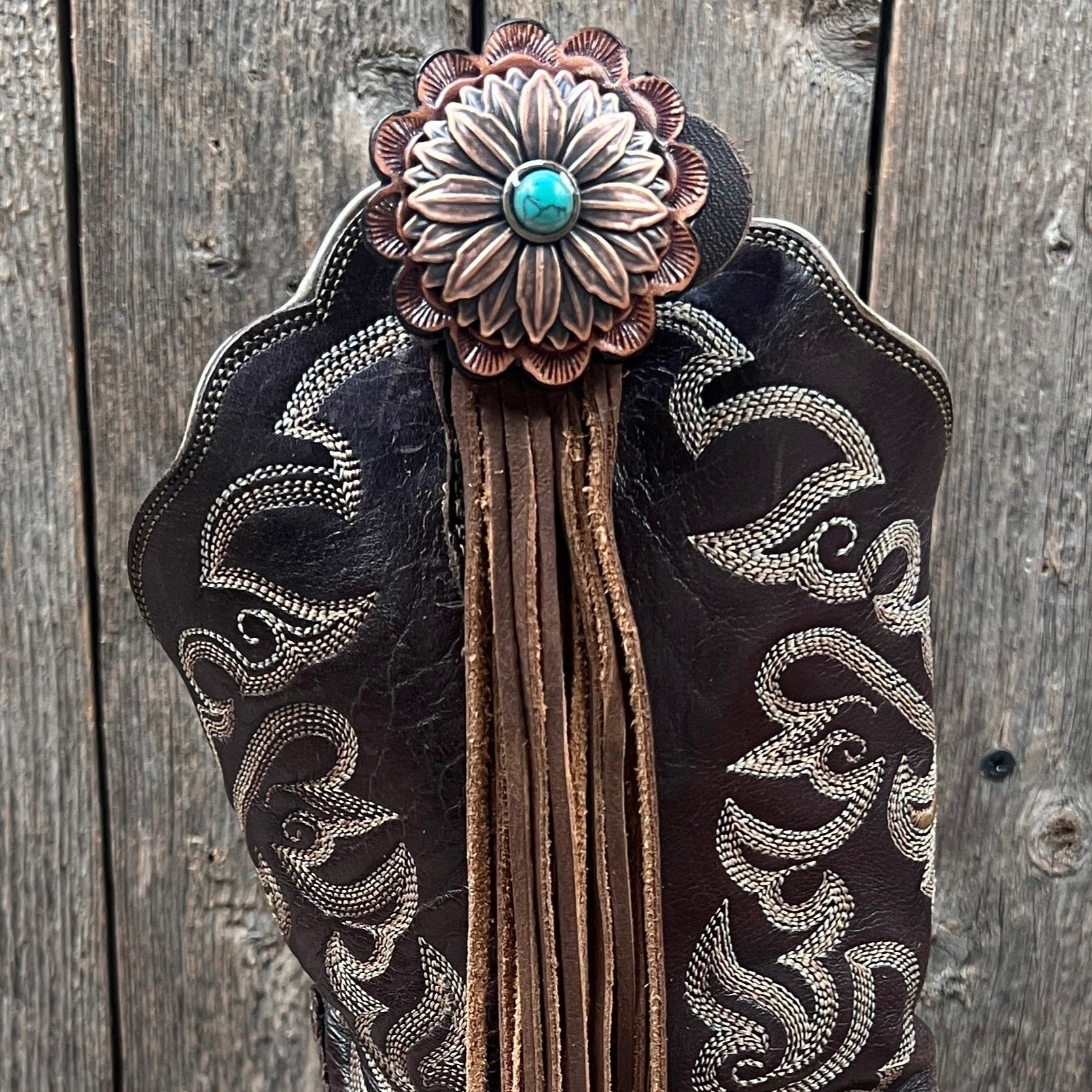 Boot Cuff Jewelry - Copper Turquoise Flower Concho - Fringe