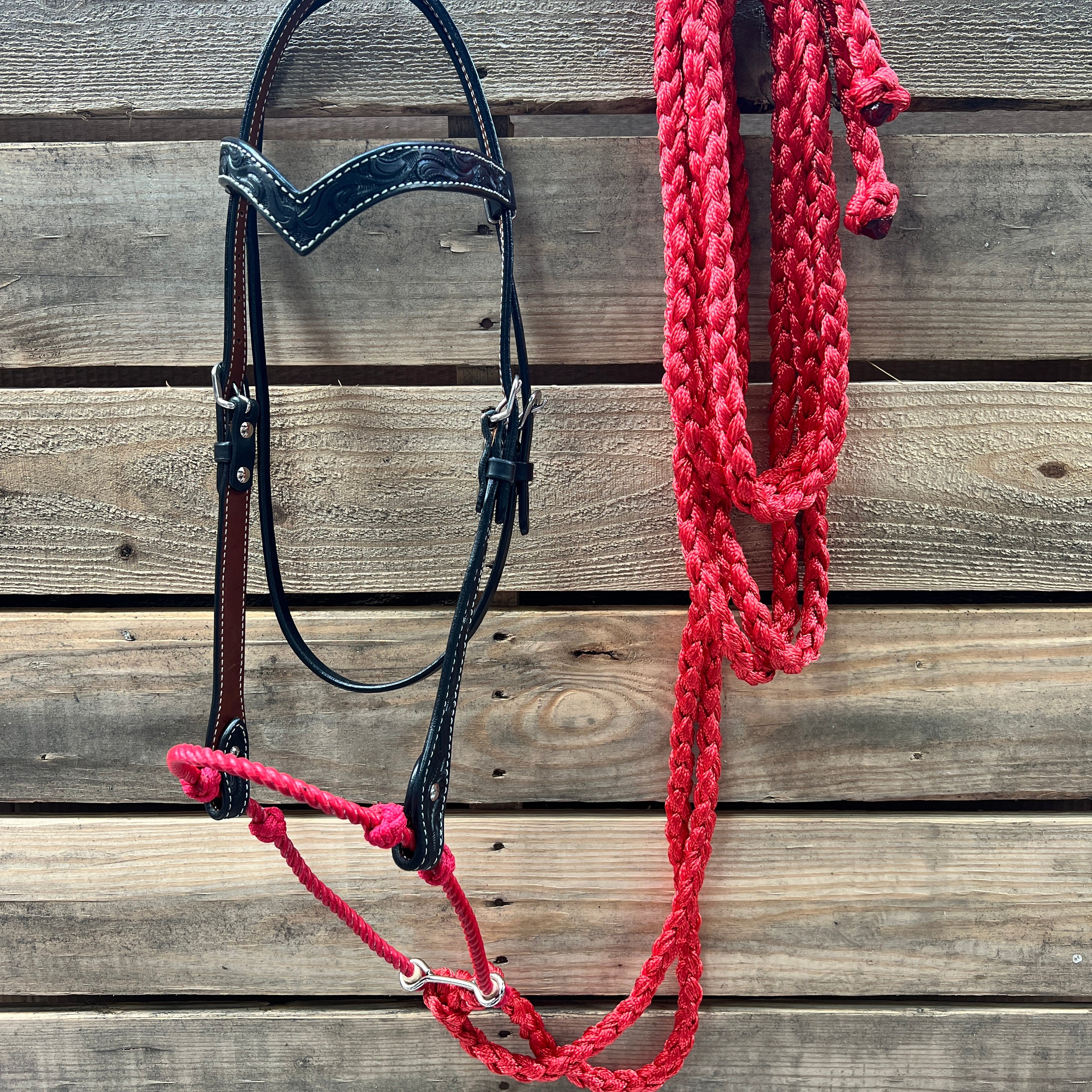 Black Floral V-Brow Red Loping Hackamore #LHK026