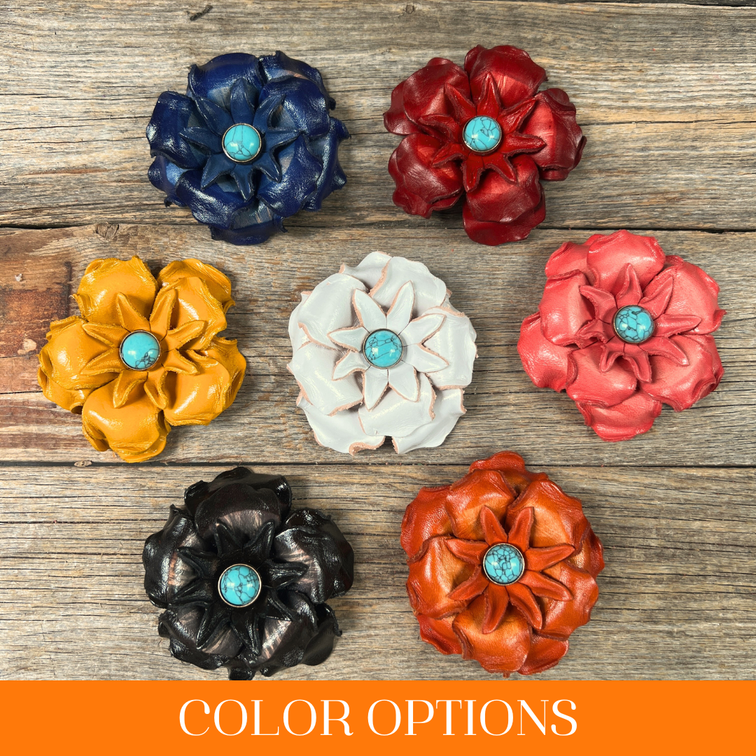 Hand Painted Leather Flowers - Gardenias - Round Turquoise Cabochons