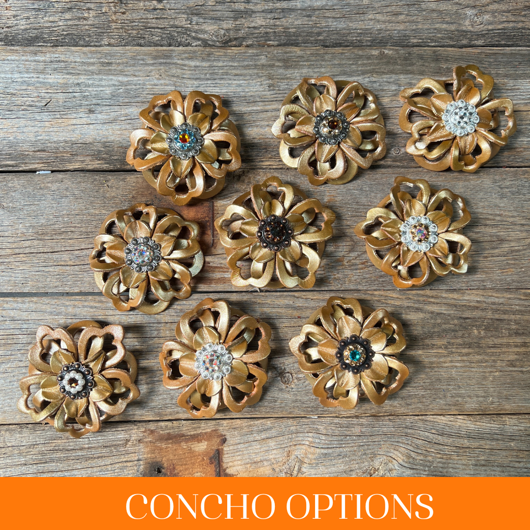 Gold Lotus Leather Flowers - 1" Crystal Conchos - Options