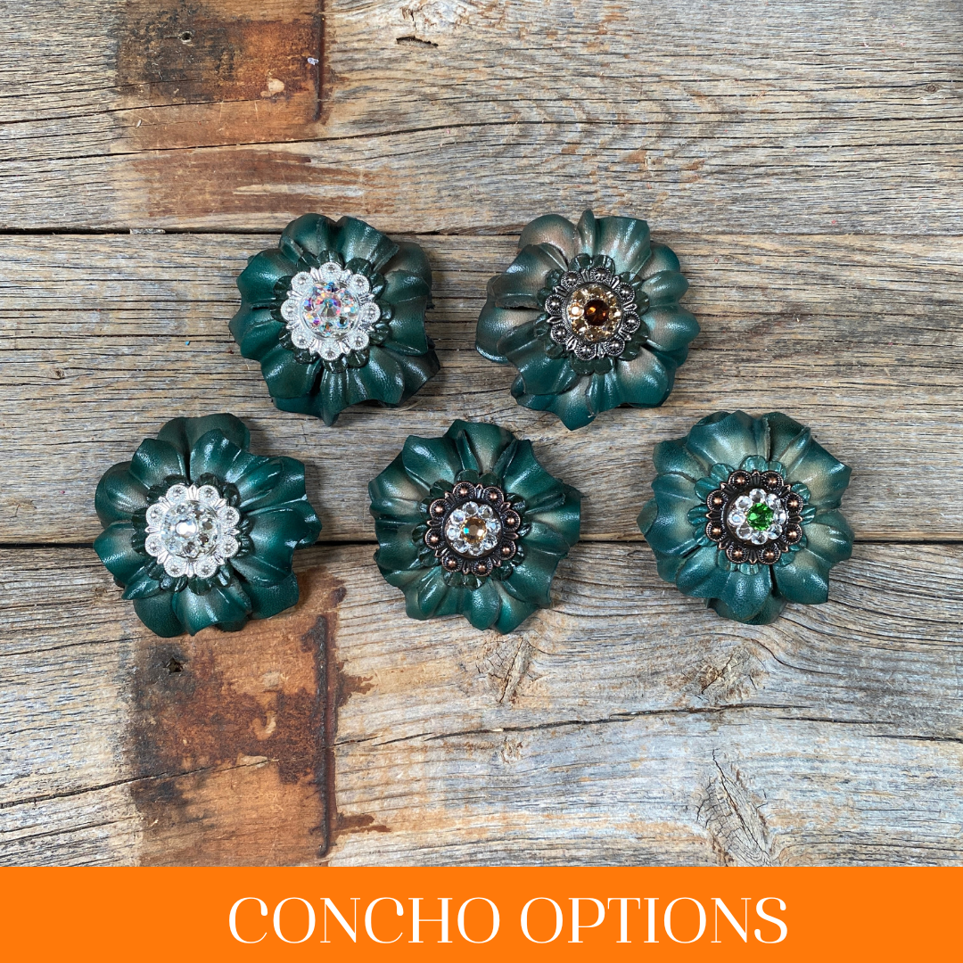 Green Carnations Leather Flowers - 1" Crystal Conchos - Options